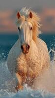 Majestic white horse gallops through ocean waves at sunset capturing the beauty of nature in motion photo