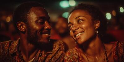 Two people share a joyful moment in a crowded theater during an evening event filled with laughter and smiles photo
