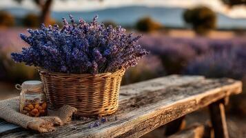 Lavender bouquet in wicker basket on rustic table surrounded by blooming lavender fields at sunset photo