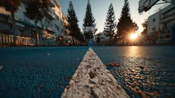 Evening basketball court with sun setting behind pine trees in an urban setting photo