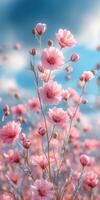 Pink flowers blooming in a sunny meadow with a vibrant blue sky photo