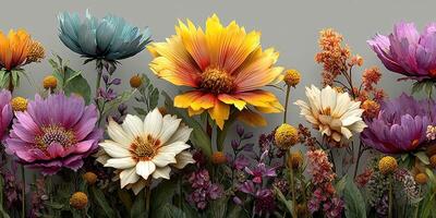 Bright garden filled with colorful flowers in full bloom during late spring afternoon light photo