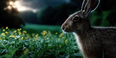 Wildlife exploration in a serene meadow featuring a rabbit during twilight photo