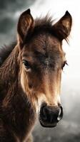 Young foal standing by the water during a cloudy day in a serene rural setting photo