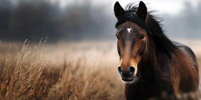 Majestic brown horse standing in a misty field at dawn, showcasing its beauty and strength against a serene backdrop photo