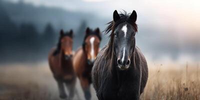 Horses galloping through foggy fields at dawn in a serene rural landscape photo