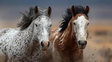 Two wild horses run energetically across the plains during a sunny day under a clear blue sky photo