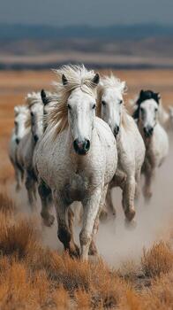 Herd of wild horses running freely through a vast grassland under a cloudy sky photo