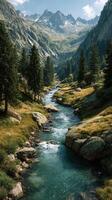 Majestic mountain landscape with a flowing river and towering peaks under a bright sky photo