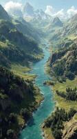 Majestic river winding through green valleys and mountains under a clear sky photo