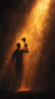 Winner celebrates victory with trophy under golden light in a dramatic atmosphere photo