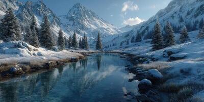 Snow-covered mountains and tranquil river reflect a serene winter landscape at dawn in a remote wilderness area photo