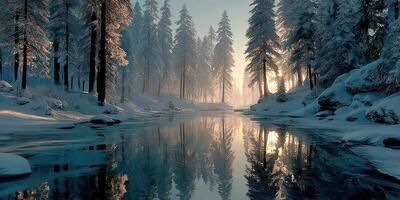 Winter morning in a serene forest with frozen river reflecting golden light at dawn photo
