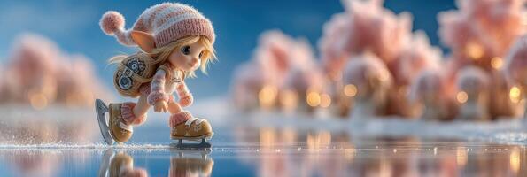 Cute doll skating on a frozen lake during winter with pink fluffy snowballs in the background at sunset photo