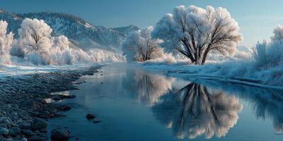 Winter morning along a serene river with frosty trees reflecting on the water photo