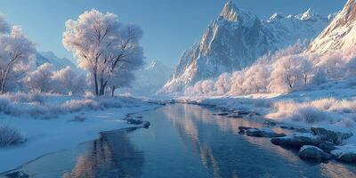 Majestic winter landscape with snow-covered mountains and a tranquil river reflecting blue sky photo
