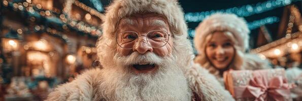 Joyful Santa Claus with child in festive market during winter celebration photo