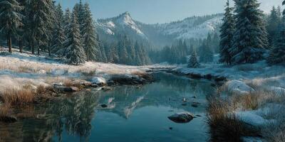 Stunning winter landscape showcases a tranquil river surrounded by snow-covered trees and mountains in the background photo