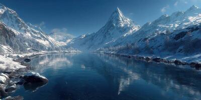 Snowy mountain landscape with calm reflection on river under bright blue sky photo