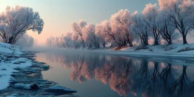 Snowy riverbank at dawn with frosted trees reflecting in calm water photo