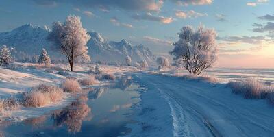 Winter landscape with snowy mountains and frozen river during sunset near a forest photo