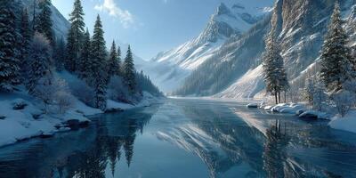 Winter landscape with snow-covered mountains and a serene lake reflecting trees during daylight photo