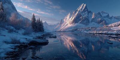 Majestic snow-covered mountains reflect in tranquil river at dawn in a serene winter landscape photo