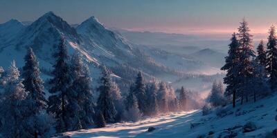 Snow-covered mountains under twilight sky with frosted trees and distant valleys at dusk photo