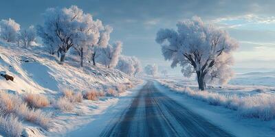 Serene winter landscape with snow-covered road and frosty trees under a blue sky photo