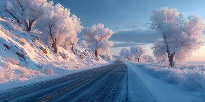 Winter landscape with snow-covered trees alongside a quiet road during sunset photo