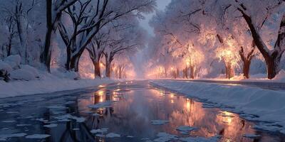 Winter evening stroll along a snowy street lined with glowing streetlights and a reflective icy river photo