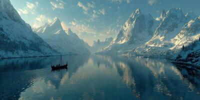 Majestic mountains and serene waters reflect a serene voyage through a peaceful fjord photo