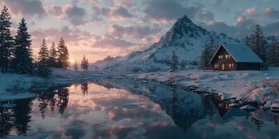 Winter landscape featuring a cozy cabin by a serene river at sunset in the mountains photo