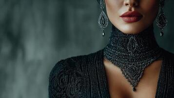 Elegant woman showcasing intricate jewelry details in a moody setting during evening event photo