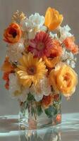 Beautiful floral arrangement featuring vibrant orange and yellow blooms in a glass vase on a light background photo