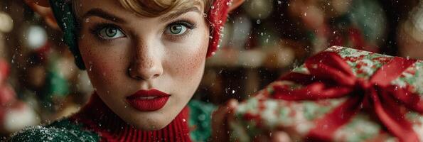 Holiday spirit evident in a festive portrait featuring a woman holding a wrapped gift in a cozy, snowy setting photo