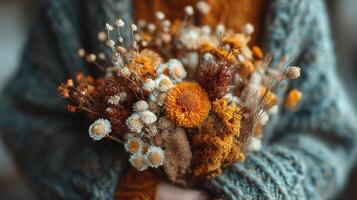 Colorful dried flower bouquet held by a person wearing a cozy sweater in an indoor setting photo