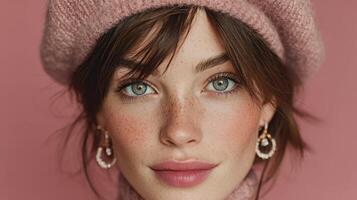 Young woman with striking eyes and freckles wearing a pink beret against a pink background during a fashion photoshoot photo