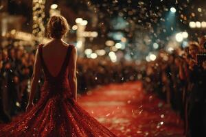 Elegant woman in a stunning red dress walks the red carpet amidst a glamorous event filled with lights and admiration from the crowd photo