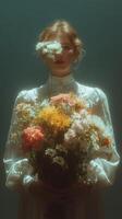Woman holding a bouquet of colorful flowers in a soft light setting with a dreamy background in a serene pose photo