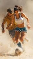 Exciting soccer match between two athletes in a sandy environment during a sunny day photo