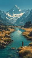 Majestic mountain landscape with a serene river and a hiker during early morning light photo