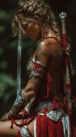 Warrior woman prepares for battle in a lush forest setting at twilight photo