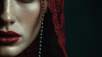Close-up portrait of a woman with striking makeup and a red veil in moody lighting photo
