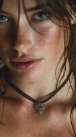 Close-up portrait of a woman with striking features and intricate jewelry in natural light photo