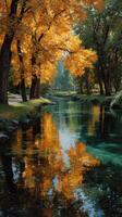 Autumn leaves reflect in calm water of serene park in the afternoon sunlight photo