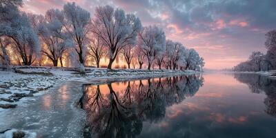 Winter sunrise over a frozen river reflecting trees and pastel skies in a serene landscape photo