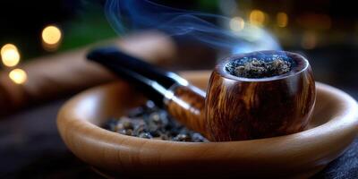 Elegant smoking pipe resting in a wooden bowl with swirling smoke captured in a dimly lit environment at night photo