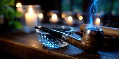 Relaxing evening with a wooden pipe and cigars next to glowing candles in a cozy setting photo