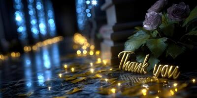 Decorated hallway with thank you signage and glowing lights creates a warm, inviting atmosphere at a special event photo